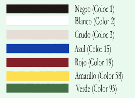 Negro, Blanco, Crudo, Azul, Rojo, Amarillo y Verde.