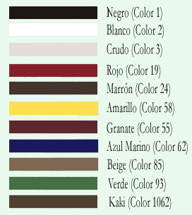 Negro, Blanco, Crudo, Rojo, Marrón, Amarillo, Granate, Azul Marino, Beige, Verde y Kaki.
